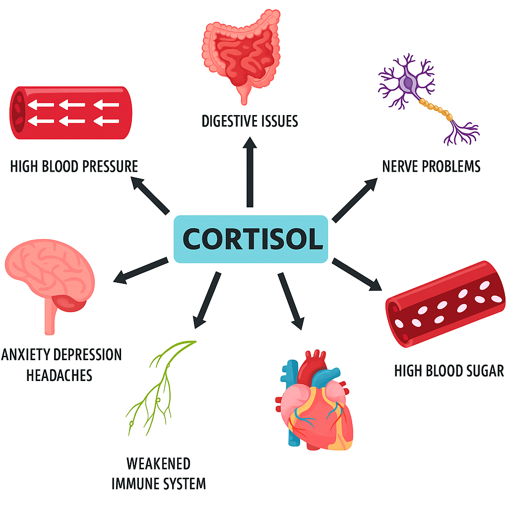 Cortisol hormone with common symptoms diagram