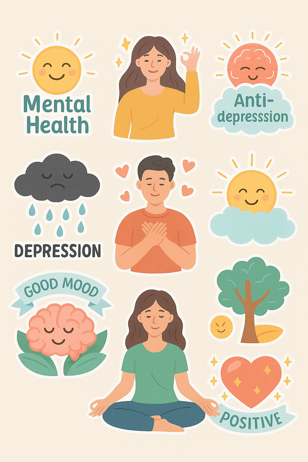 conceptual stickers of mental health, depression and anti-depression
